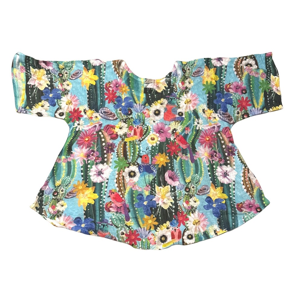 Et' Lois Womens Small Cactus Floral Bird Print Boxy Lagenlook Top Made in USA